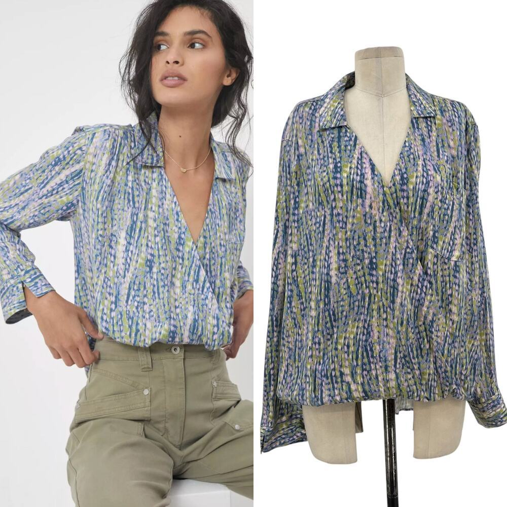 Anthropologie Pilcro Tisha Surplice Blouse Abstract Blue Green Purple Size Large